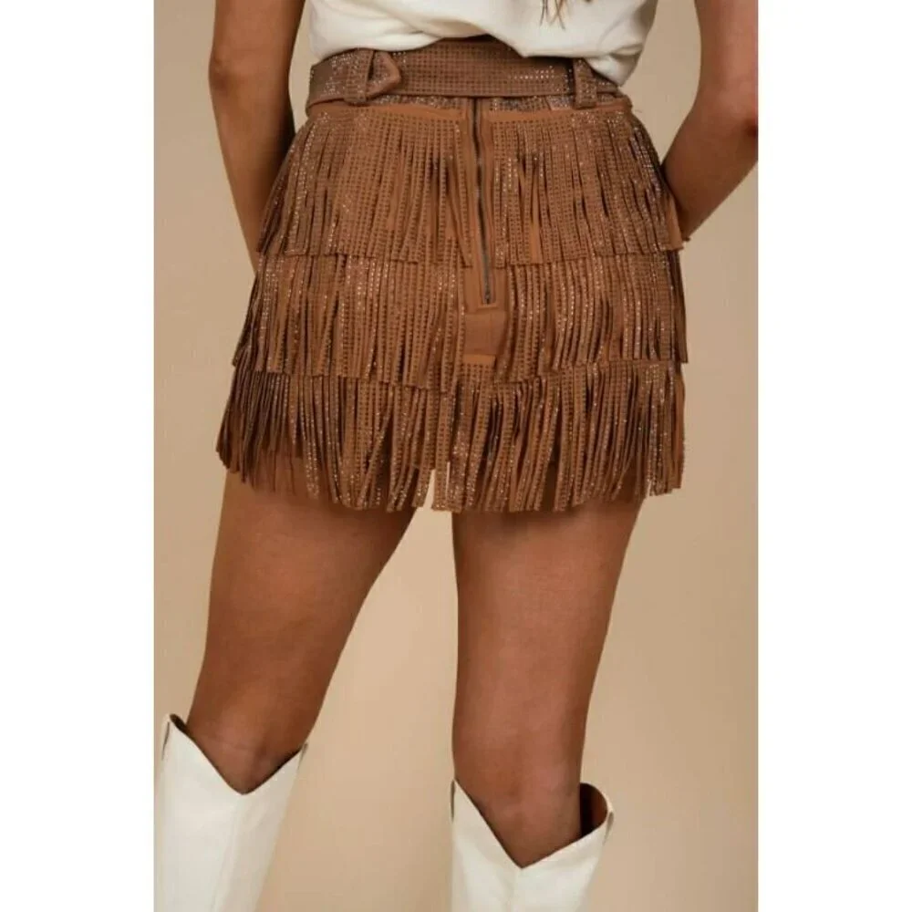 *PLUS ONLY* Spotlight Stealer Rhinestone Fringe Mini Skort Camel - Picture 5 of 10